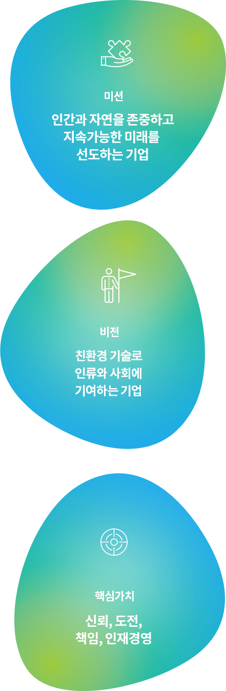 미션-인간과 자연을 존중하고 지속가능한 미래를 선도하는 기업/비전-친환경 기술로 인류와 사회에 기여하는 기업/핵심가치-신뢰,도전,책임,인재경영
